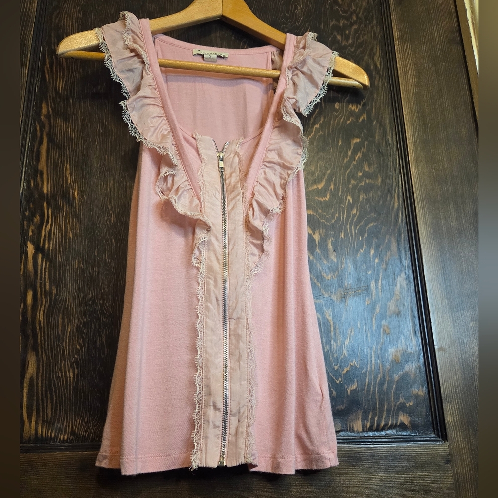 *Vntg* Y2k Forever Twenty 21 Pink Ruffled Lace Sleeveless Top Zipper Front Sz S